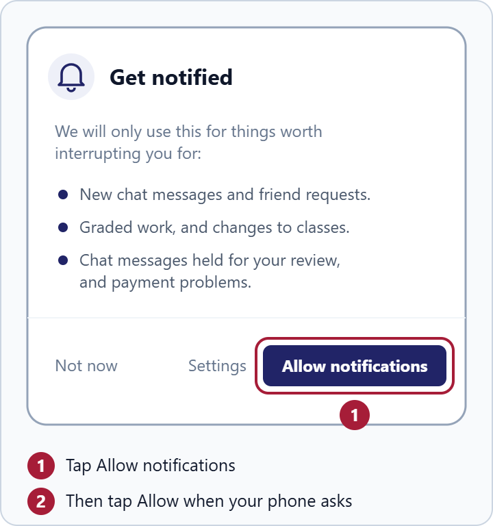 Tap the bell at the top of the app, then the three dots at the bottom of the list, then Notifications on this device